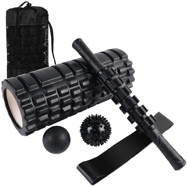 Proflex 6-Piece Foam Roller & Massage Set with Massage Stick, Balls, Stretching Band & Carry Bag, Black