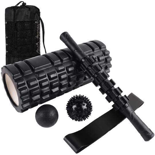 Proflex 6-Piece Foam Roller & Massage Set with Massage Stick, Balls, Stretching Band & Carry Bag, Black