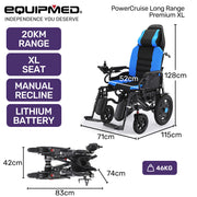 Equipmed PowerCruise LongRange XL Electric Wheelchair, Blue/Black