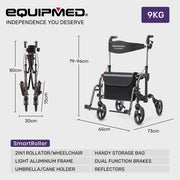 Equipmed SmartRoller 2-in-1 Rollator and Wheelchair